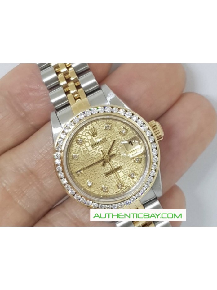 Rolex 18k Gold and Steel Two Tone Computer Diamond 26mm Diamond Bezel Women's Watch