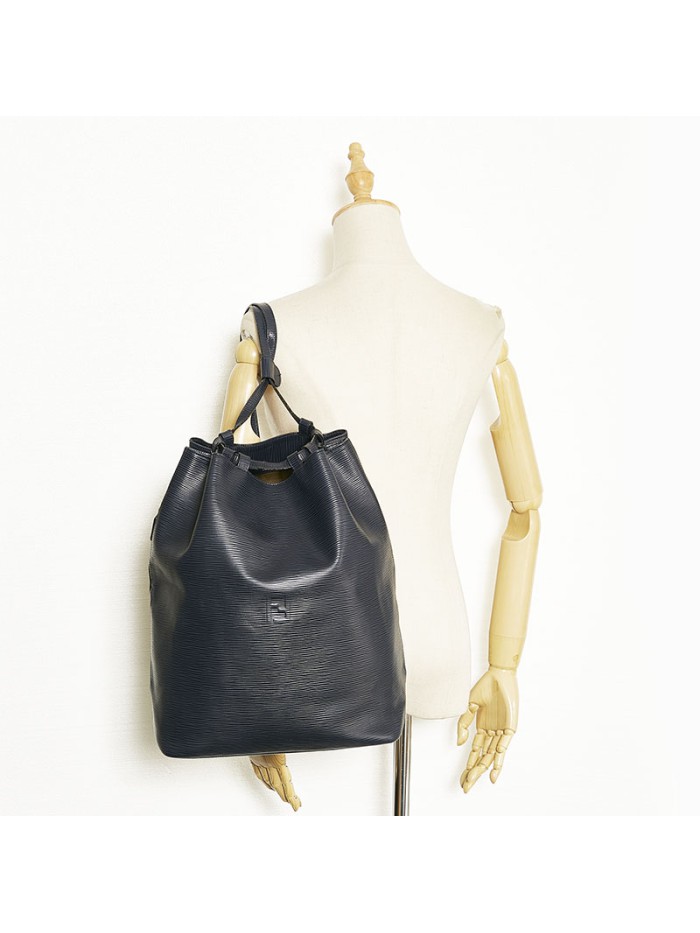 Logo Embossed Leather Drawstring Shoulder Bag
