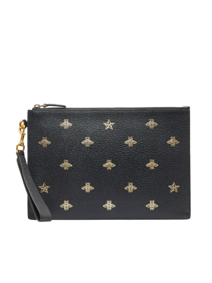 Leather Bees & Stars Print Large Clutch 