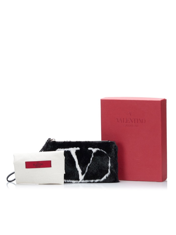 V Logo Fur & Leather Clutch