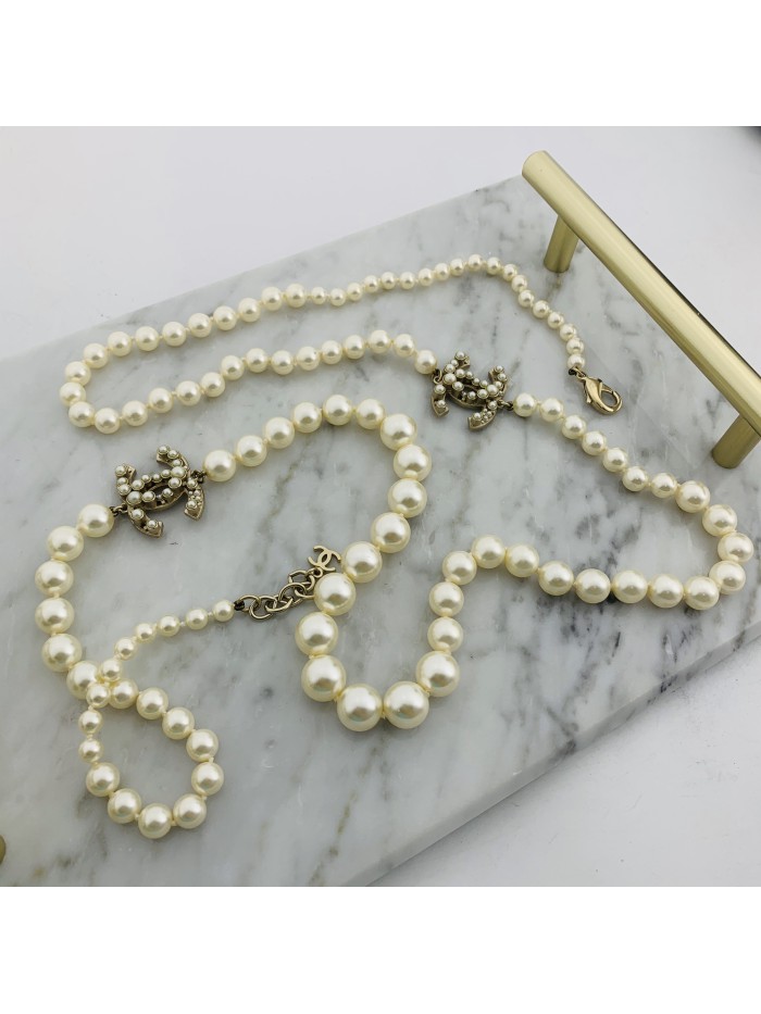 Faux Pearl CC Station Necklace