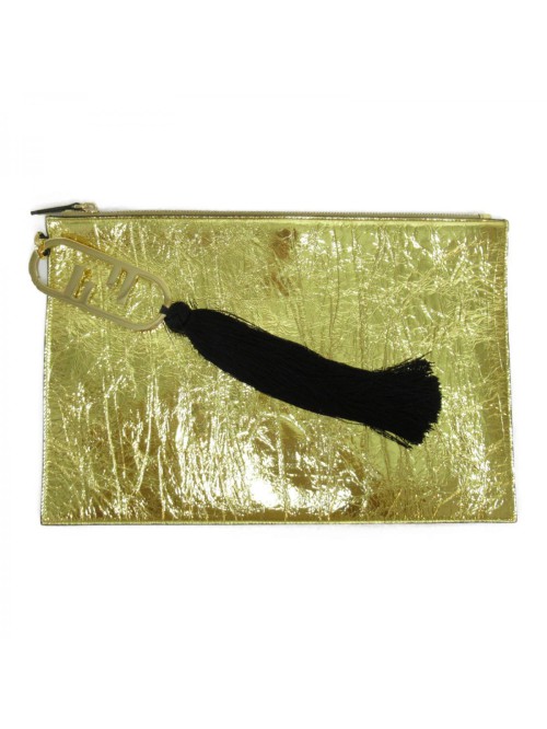 Metallic Leather Tassel Clutch Bag